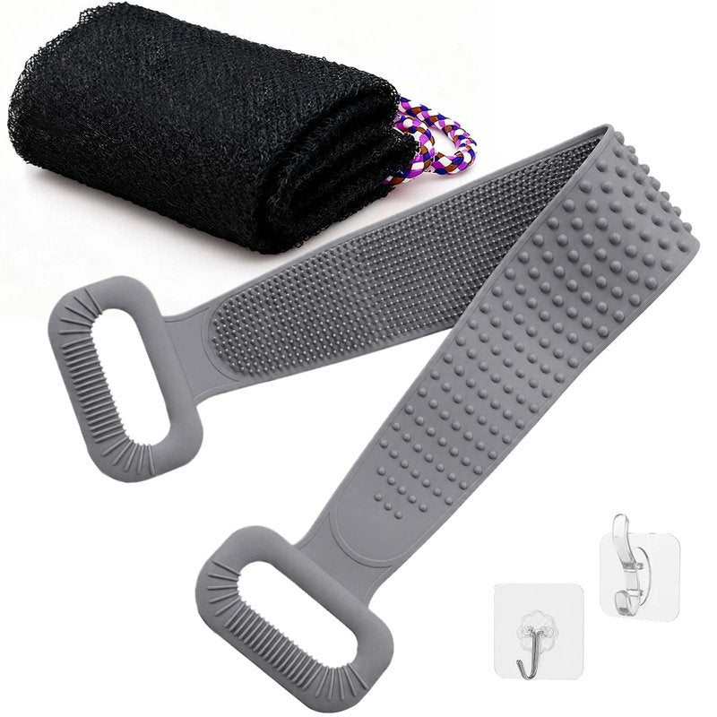 Manmihealth Silicone Back Scrubber for Shower & African Net Sponge Net Set, 36'' Dual-Sided Back Washer & African Long Bath Sponge, Extendable Long Silicone Body Brush(Gray+Black)