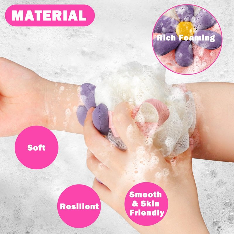 2PCS Cute Flower Bath Sponges Loofah Mesh Pouf Body Scrubber Exfoliating Shower Sponge for Women Shower Puff Soft Loofah Sponge Ball Bath Sponge for Sensitive Skin in Beauty Bathing Accessories