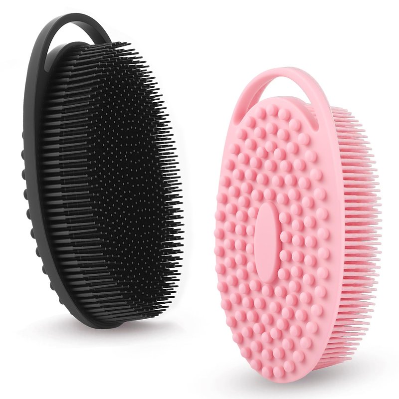 2 Pack Silicone Body Scrubber for Shower - Soft & Gentle Loofah Alternative for Sensitive Skin, Quick-Drying & Hygienic Body Wash Scrubber Brush for Women, Men & Kids (Black & Pink)