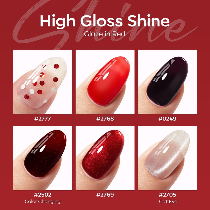 modelones Red Gel Nail Polish Set, 6 Colors 2026 Burgundy Bloody Wine Dark Red Jelly Pearl Glitter Gel Polish Silver Cat Eye Nail Polish with Liner Pen& Magnet& Wooden Stick LED Gift
