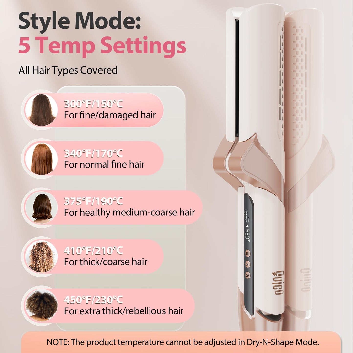 Upgraded Hair Air Straightener, Quico Dual Voltage High-Speed Airflow 2 in 1 Straightener and Curler Travel Airstraight, 5 Temps Ionic Care Flat Iron Hair Straightener, 100-240V, No Heat Damage, Pink