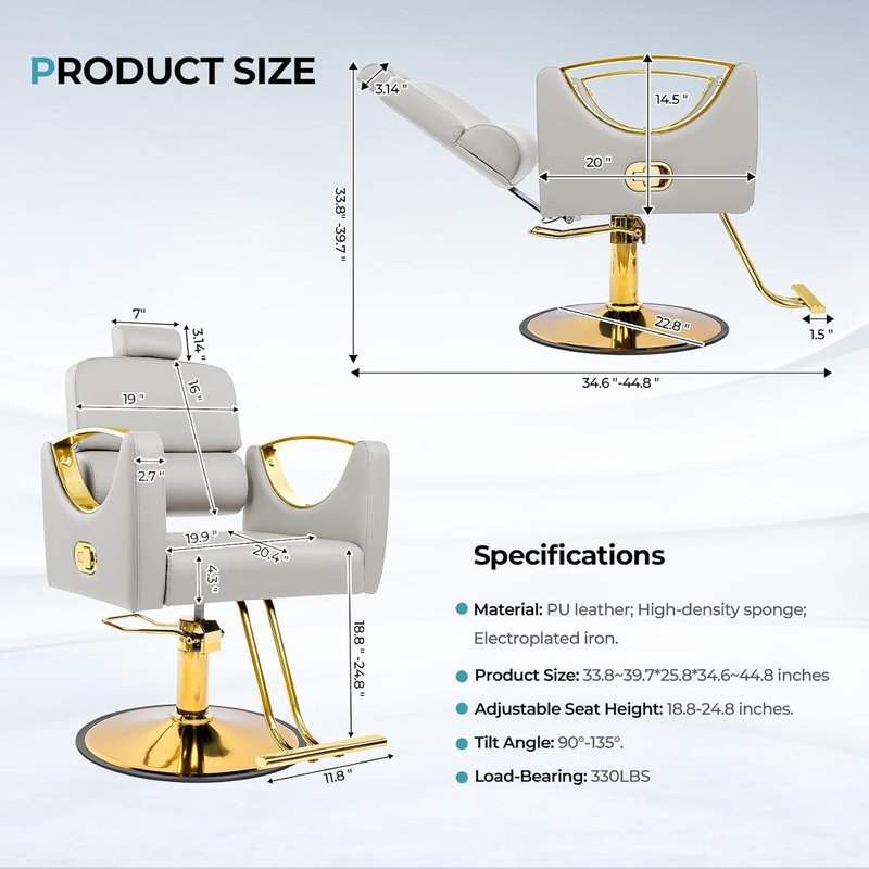 Reclining Salon Chair for Hair Stylists - 360° Swivel Barber Chair with Heavy-Duty Hydraulic Pump