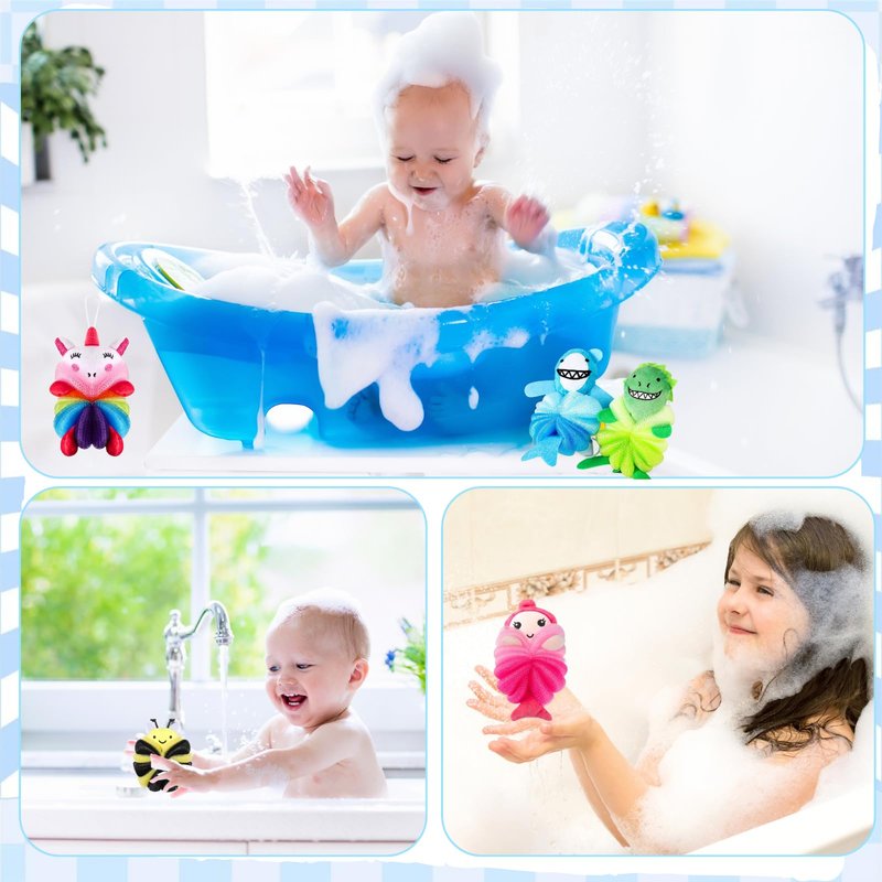 ASTRYAS 6 Pcs Bath Loofahs Kids Toddler Cute Animal Bath Sponges Loofah Pouf Body Scrubber Mesh Sponges for Children Shower Washing Exfoliating