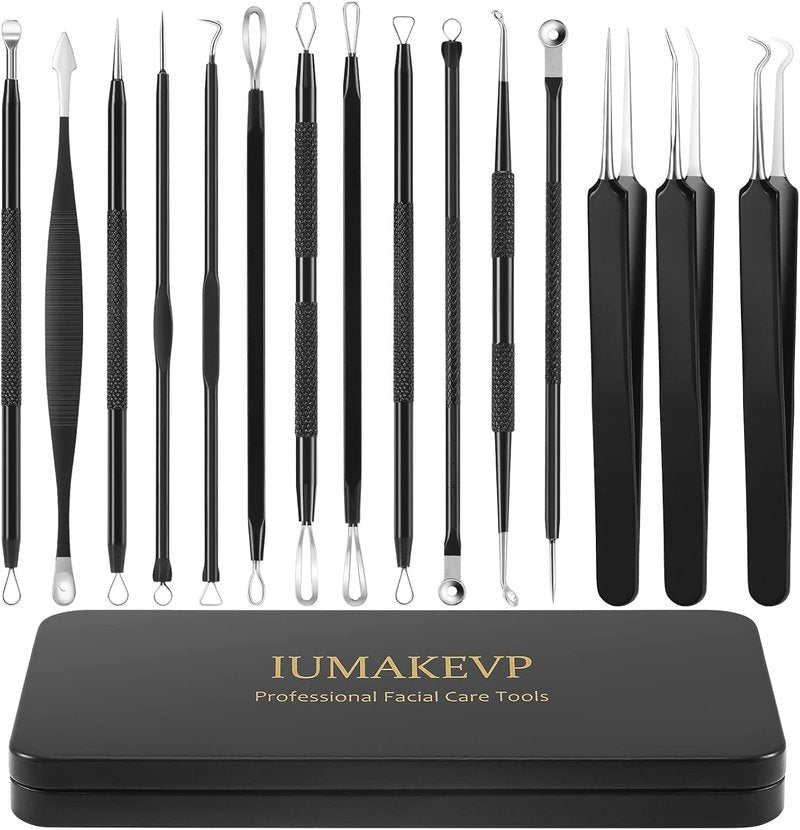 Pimple Popper Tool Kit - 15 PCS Professional Stainless Steel Blackhead Remover Set | Acne Extraction Tools with Metal Case (Black)