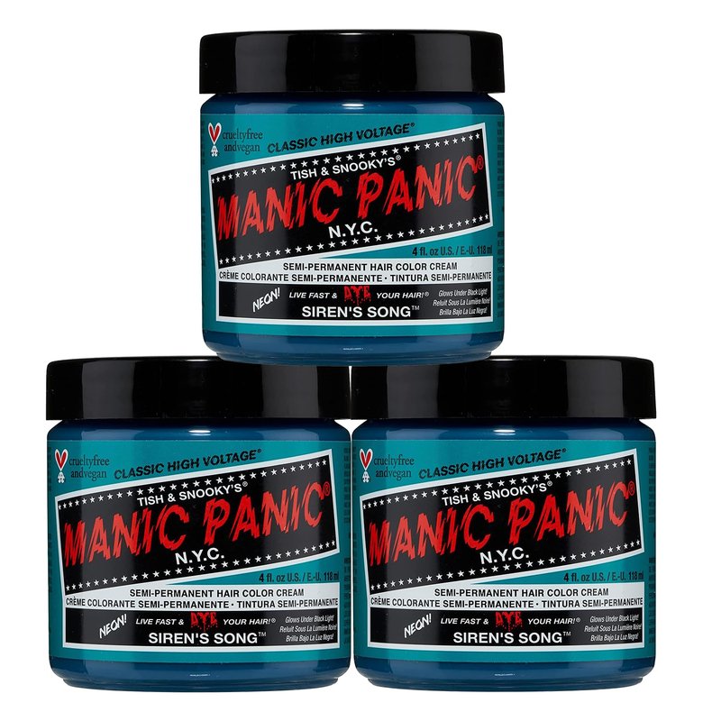 MANIC PANIC Classic Siren's Song Semi Permanent Hair Color - Neon Blue-Green Hair Dye for Women & Men That Lasts 4-6 Weeks - Vegan, Ammonia & Cruelty-Free - Create & Mix Custom Shades (4oz / 3pk)