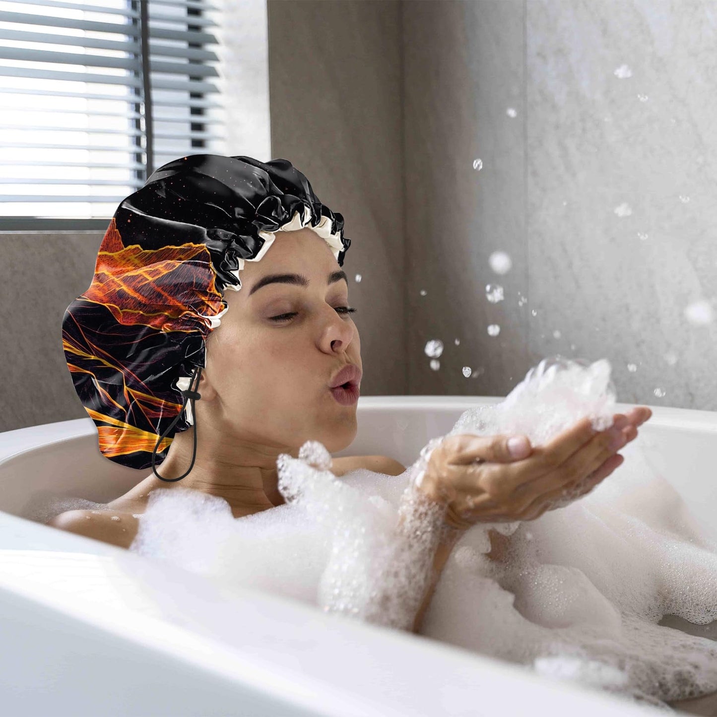Cabreche Luxury Shower Cap Satin Silk Lined Adjustable Elastic Reusable Waterproof Shower Bath Cap Cute for Women Girls-Sunset