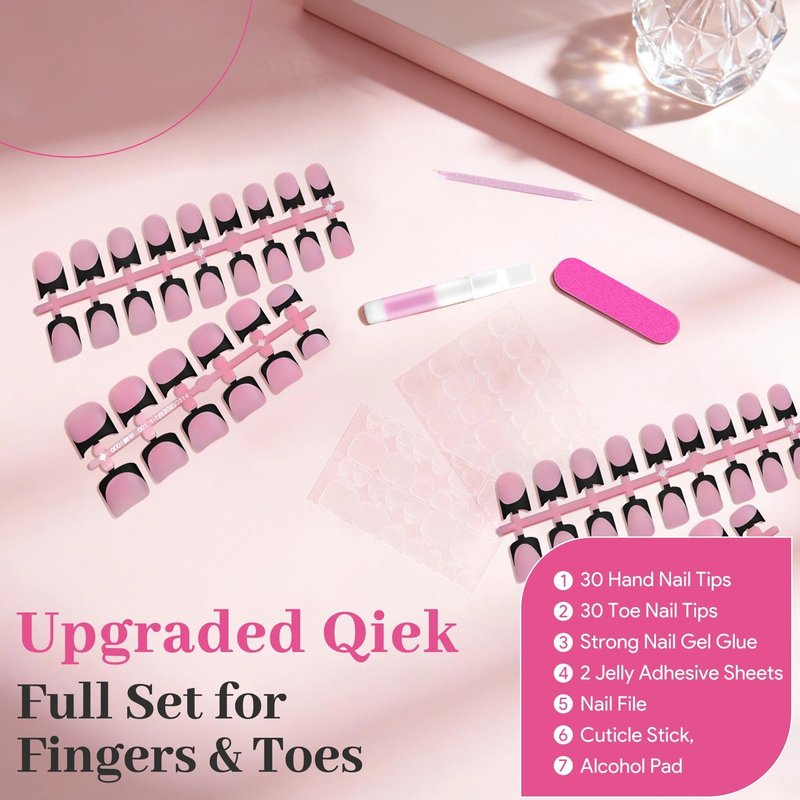 60Pcs Black French Tip Press on Nails & Press on Toenails Set, Square Fake Nails Kit with Nail Glue, 15 Sizes Acrylic Full Cover Toe Nail Press Ons Stick on Nails for Women DIY Home Manicure