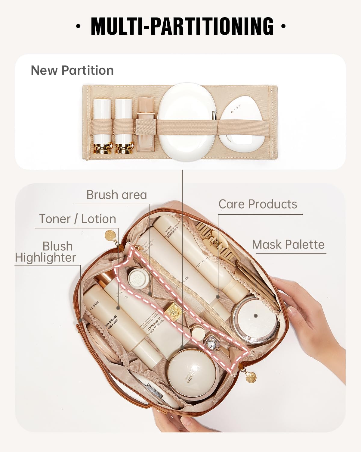Travel Makeup Bag - Large Capacity Waterproof PU Leather Cosmetic Organizer | Flat Open Design for Skincare & Brushes