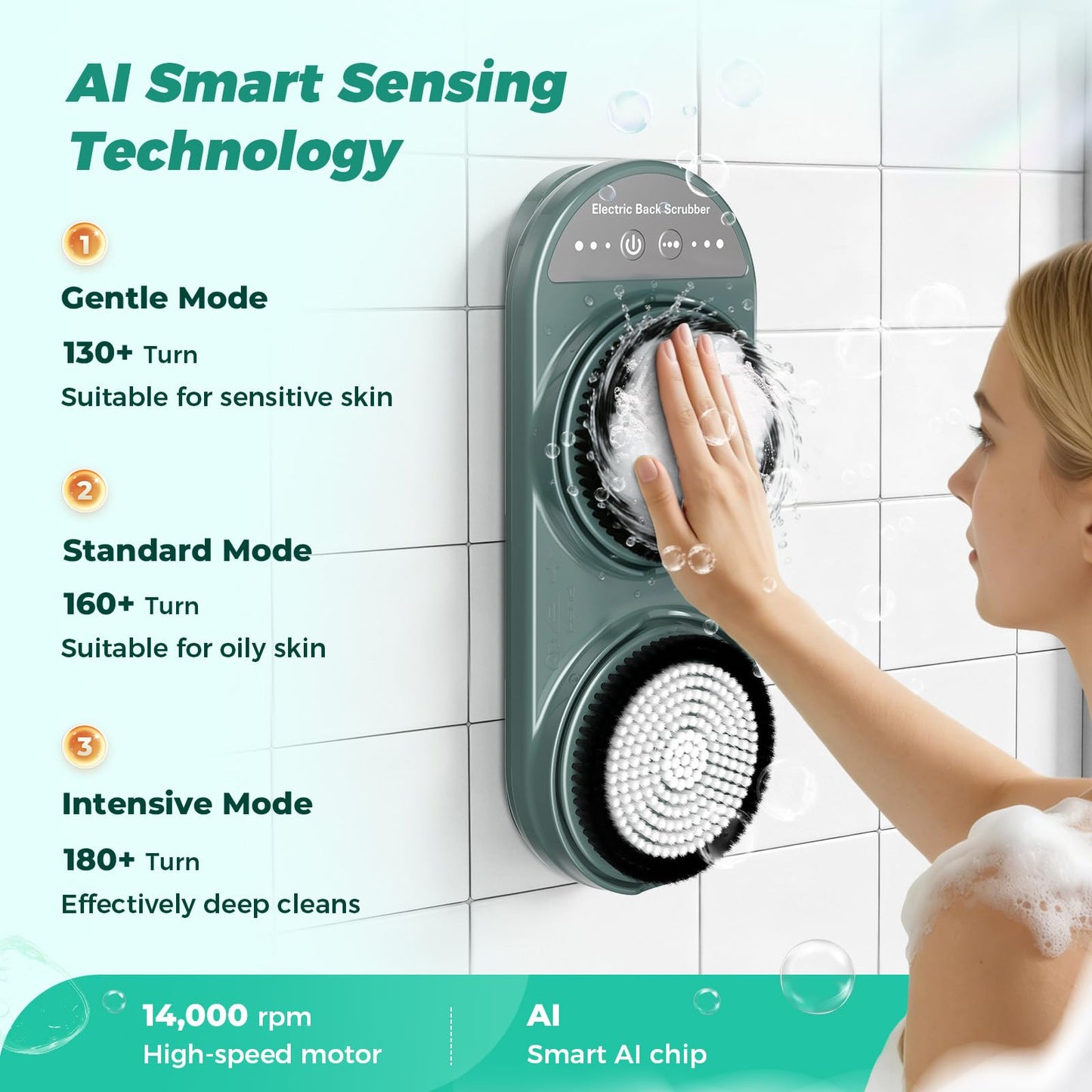 Electric Back Scrubber for Shower - Wall Mounted Exfoliating Brush, Hands-Free Automatic Body Scrubber, 3-Speed Adjustment with 2 Spin Skin Bath Brush Heads,IPX7 Waterproof