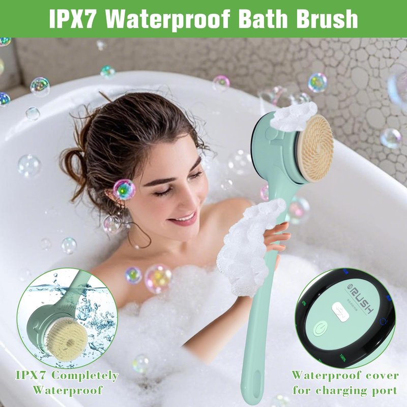Electric Body Brush Back Scrubber, Waterproof Long-Handle 5-Head Electric Body Scrubber, Rechargeable Bath Brush and 3 Types of Speed Body scrubbe，for Cleaning Massaging and exfoliating (Green)
