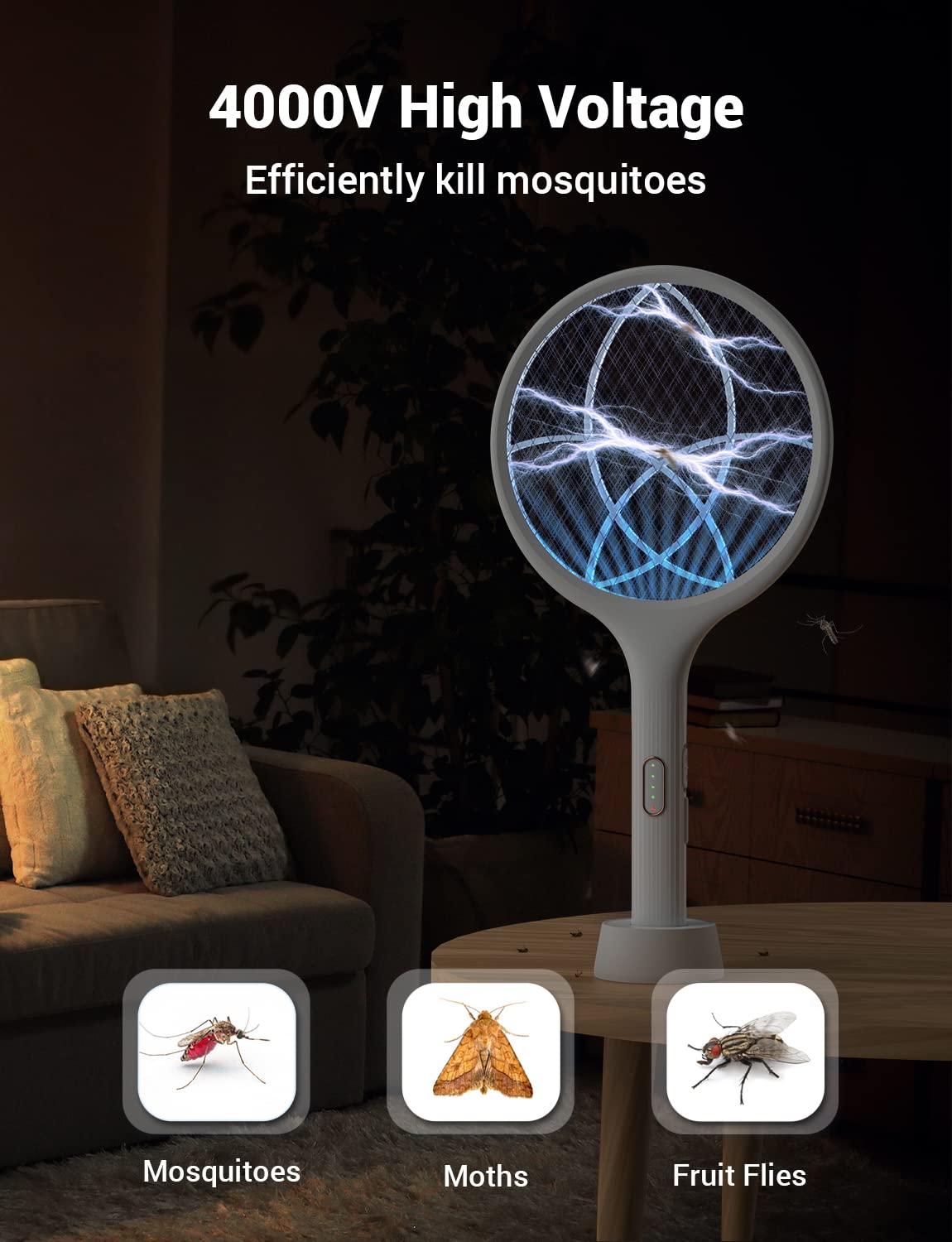 YISSVIC Electric Fly Swatter 4000V Bug Zapper Racket Dual Modes Mosquito Killer with Purple Mosquito Light Rechargeable for Indoor Home Office Backyard Patio Camping (2, White)