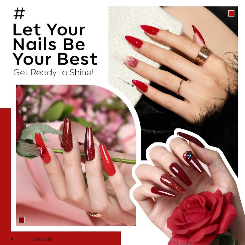 Red Nail Polish Set - 6 Colors Cat Eye Glitter Mini Quick Dry Lacquer Kit | Magnetic Sparkle DIY Nail Art Gift for Women & Girls