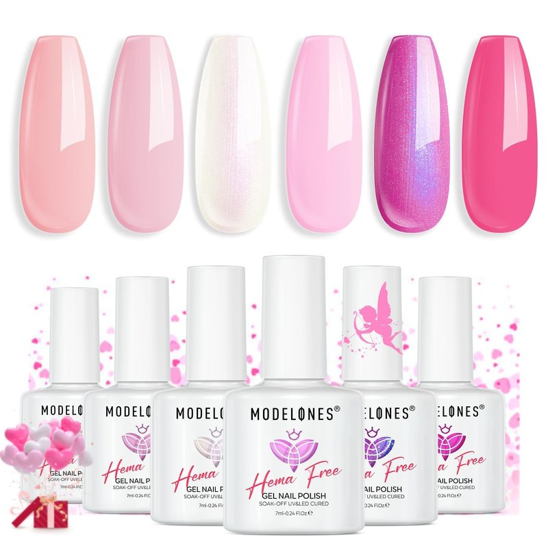 modelones Pink Gel Nail Polish Set,Hema-Free Light Pink White Hot Pink Gel Polish Kit Magenta Purple Shimmer LED 6 Colors 2026 Summer Nail Art Gift Salon DIY Starter Kit