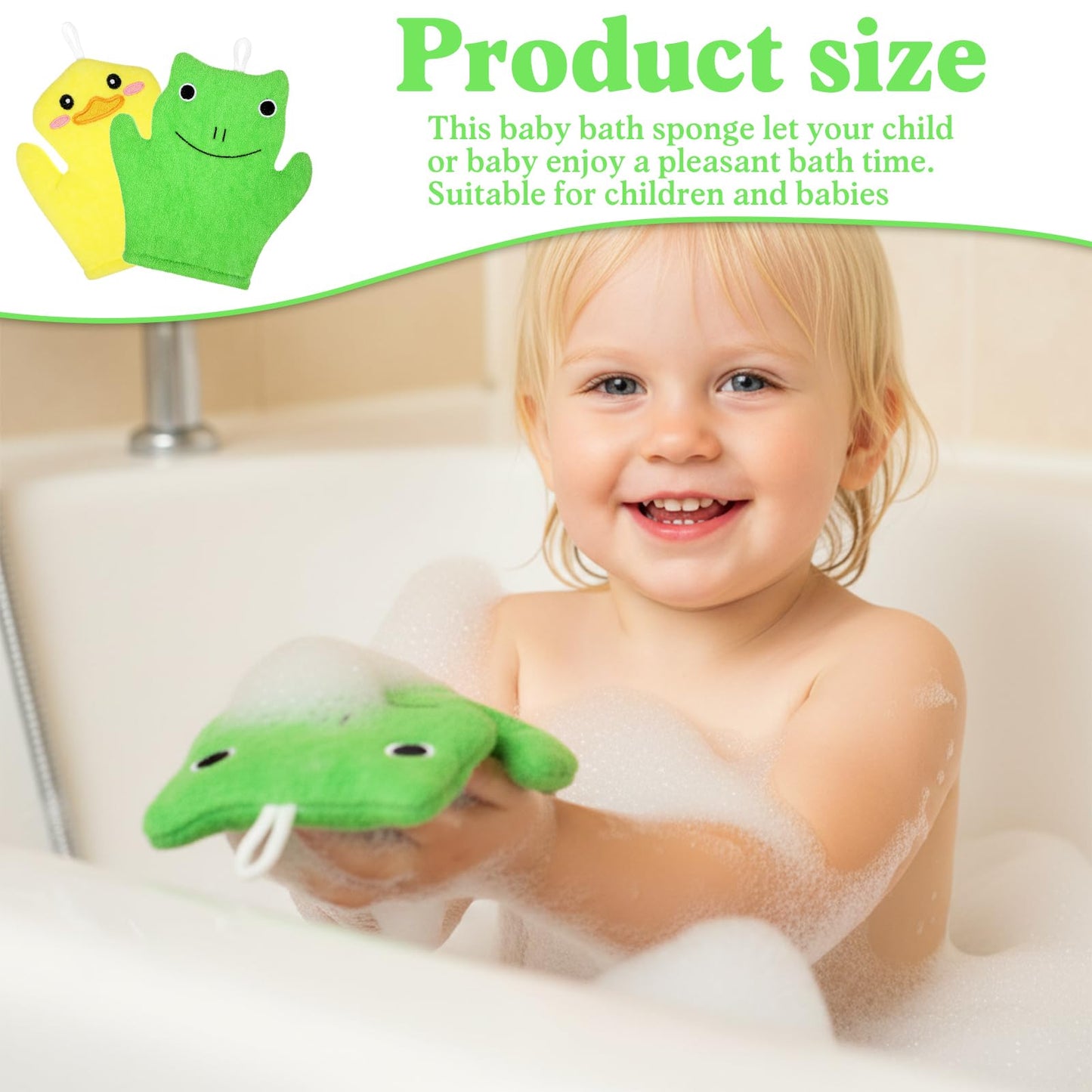 FNANJWQ 2 Pieces Baby Bath Mitt Washcloths Gloves, Microfiber Soft Washcloths for Kids Designed in Cute Animal Yellow Duck Frog Gentle Scrub for Baby Girl Boy Bath Shower
