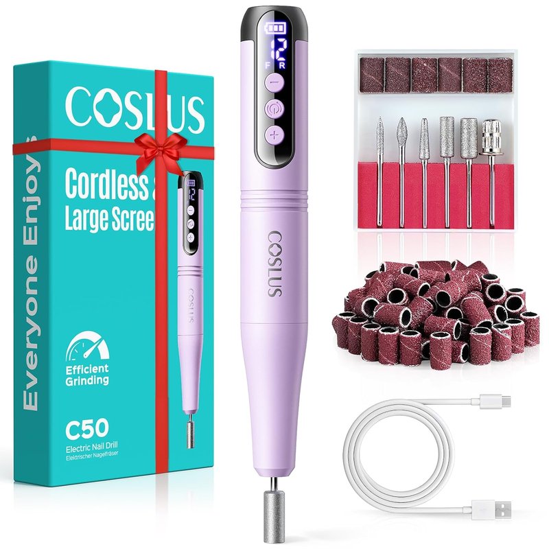 COSLUS C50 Cordless Electric Nail Drill - 12-Speed Professional Nail File with LED Display for Gel Removal & Nail Art | Portable Purple Design