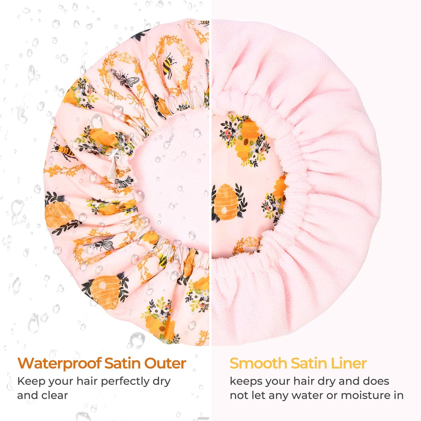 Shower Cap for Women Terry Lined Bee Bath Cap Large Reusable Waterproof Elastic Band Beekeeper Shower Caps for Long Thick Hair Soft Bath Shower Hair Caps