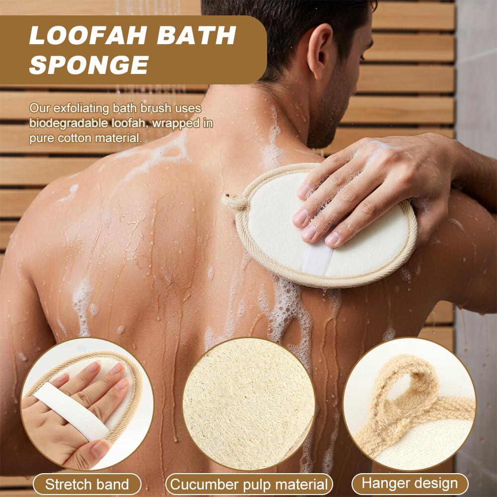 Natural Loofah Shower Back Scrubber Set, luffa Exfoliating Bath Strap, Back exfoliator for Shower, Textured Body Scrubber for Men and Women, with Hooks