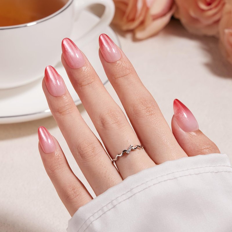 Press On Nails Short Almond | Pink Cat Eye Ombre Fake Nails Kit - 32 Pcs, UV Curable & Reusable
