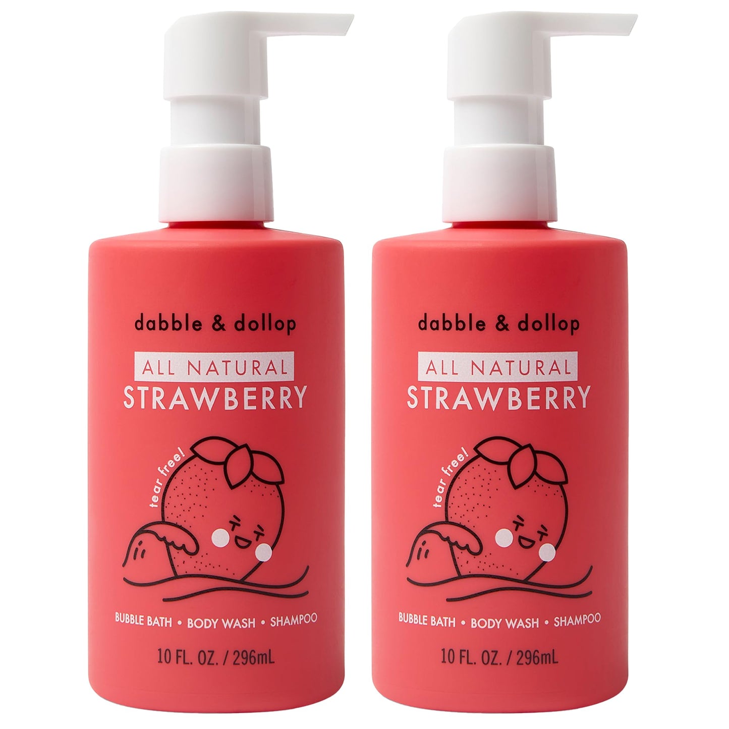 Dabble & Dollop Strawberry Kids 3-in-1 Body Wash, Shampoo & Bubble Bath – Tear-Free, Gentle, Natural-Origin, Hypoallergenic and Safe for Sensitive Skin (10 fl oz, Pack of 2)