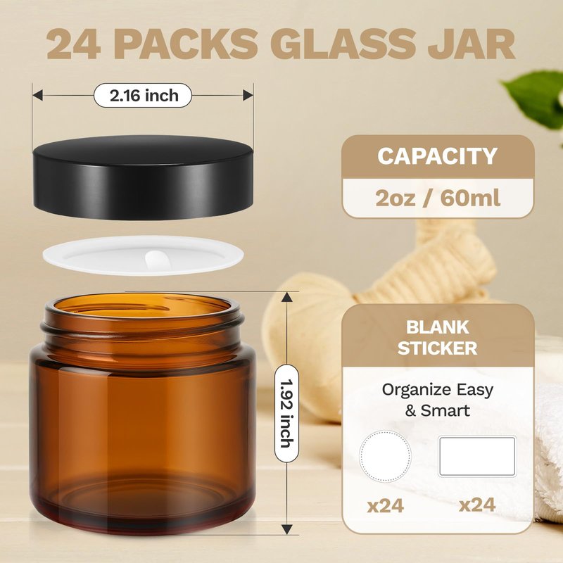 Bumobum 2 oz Small Glass Jars with Lids, 24 Pack Amber Glass Cosmetic Jars with Inner Liners, 60ml Round Empty Sample Containers for Lotion, Cream, Salve, Powders and Ointments Storage