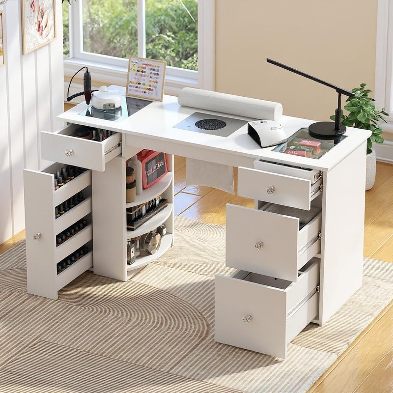 Regine Switzerland Manicure Table - Acetone-Resistant Nail Desk with Glass Top & Visible Drawers | White
