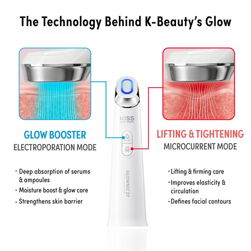KISS NEW YORK GLOWNIC27 Facial Beauty Device, Microcurrent Glass Glow Skin Booster for Enhancing Korean Skin Care Absorption and Ability to Lift, Improves Hydration Barrier, Elasticity, Even Tone