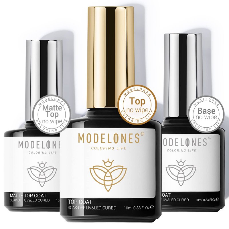 modelones Gel Base Top Coat Set 3 Pcs, Glossy and Chrome Proof Matte Top Coat No Wipe Shiny Clear Gel Polish Long Lasting High Gloss & Velvet Matte DIY Home Soak Off Manicure Gift for Women
