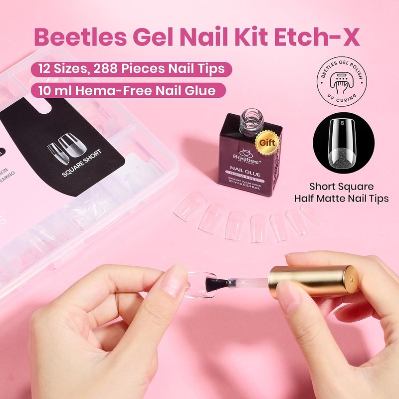 Beetles Gel Nail Kit - Etch-X Square Short Tips | 288pcs in 12 Sizes with Hema-Free Nail Glue Gel