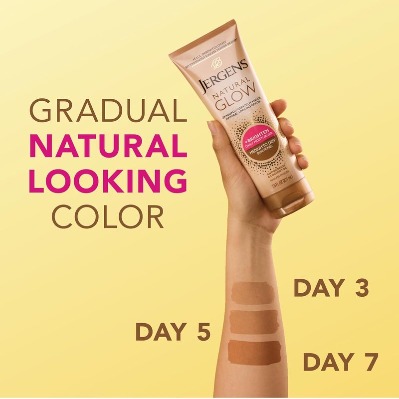 Jergens Natural Glow Self Tanner Lotion - Daily Moisturizer for Medium to Deep Skin Tone | 7.5 Oz with Coconut Oil & Vitamin E