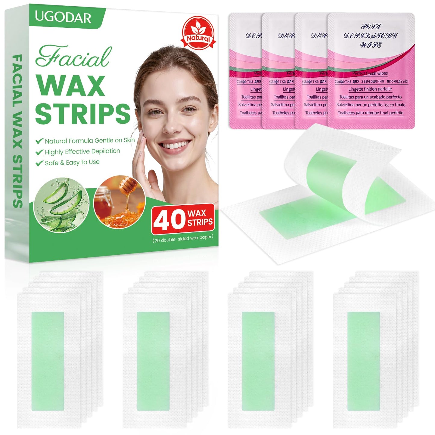 UGODAR 40PCS Facial Wax Strips for Women, Hypoallergenic Natural Face Wax Strips, Gentle Facial Hair Removal with 4 Calming Oil Wipes, Eyebrow Wax Strips for All Skin Types