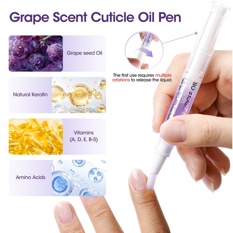 Gellen 2-in-1 Ceramic Cuticle Oil Pusher Pen Set - 2Pcs Grape Scent Cuticle Remover Pen & Nourishing Cuticle Oil Pen for Hangnails & Dry & Damaged Nails, Nail Treatment Pens for Home Salon