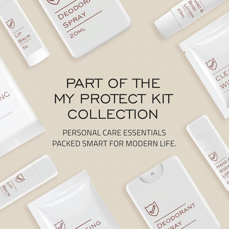 MY PROTECT KIT Everyday Essentials Travel Kit – TSA Compliant Hygiene & Toiletry Set with Deodorant Spray, Lotion, Lip Balm & Cleansing Wipes, Self Care Kit for Purse, Gym, Hotels & Airbnb