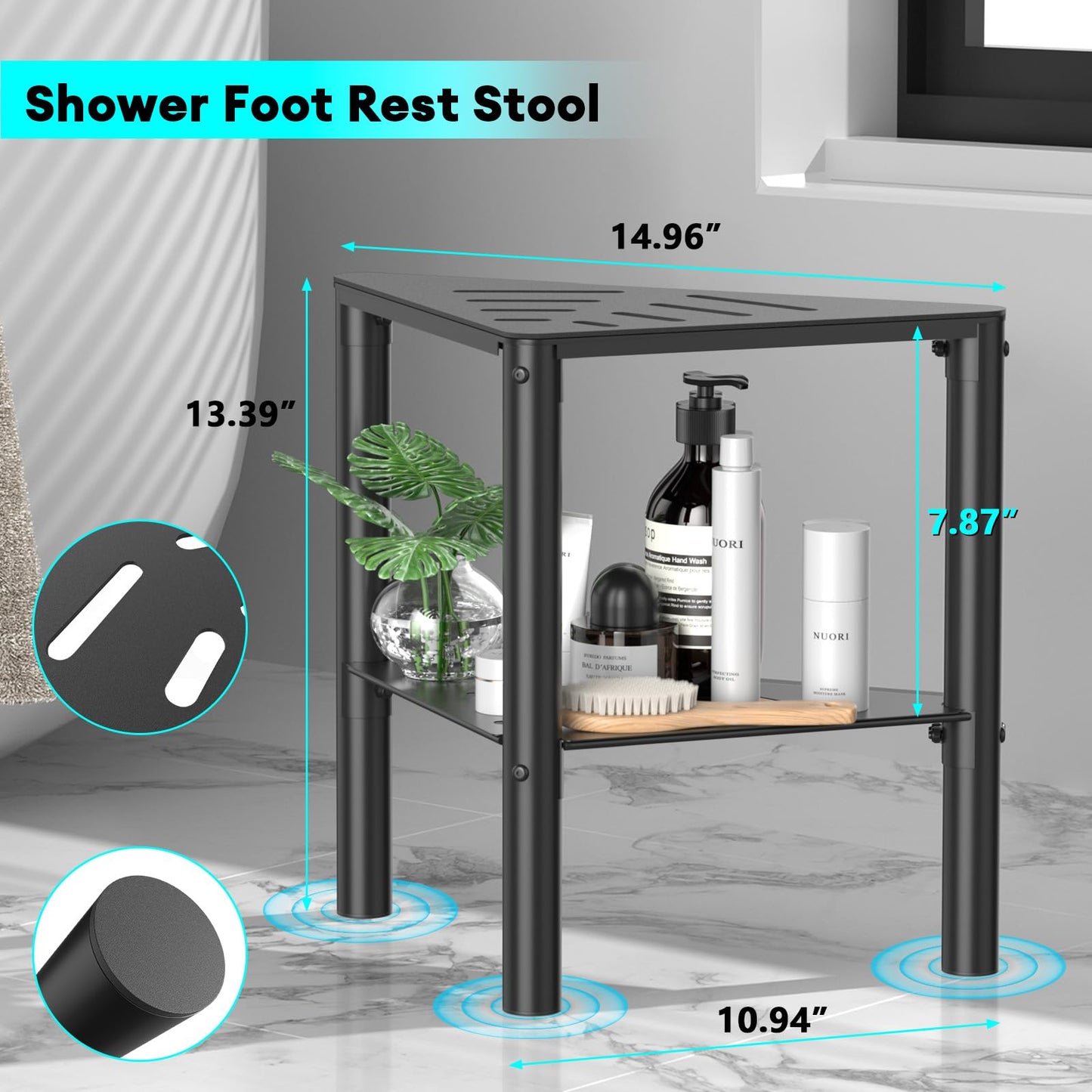 YAJONUE Shower Stool for Shaving Legs, Shower Step Stool for Inside Shower, Non-Slip Spa Shower Foot Rest Stool, Corner Bathroom Shower Bench Bath Seat with Storage Shelf for Small Shower Spaces