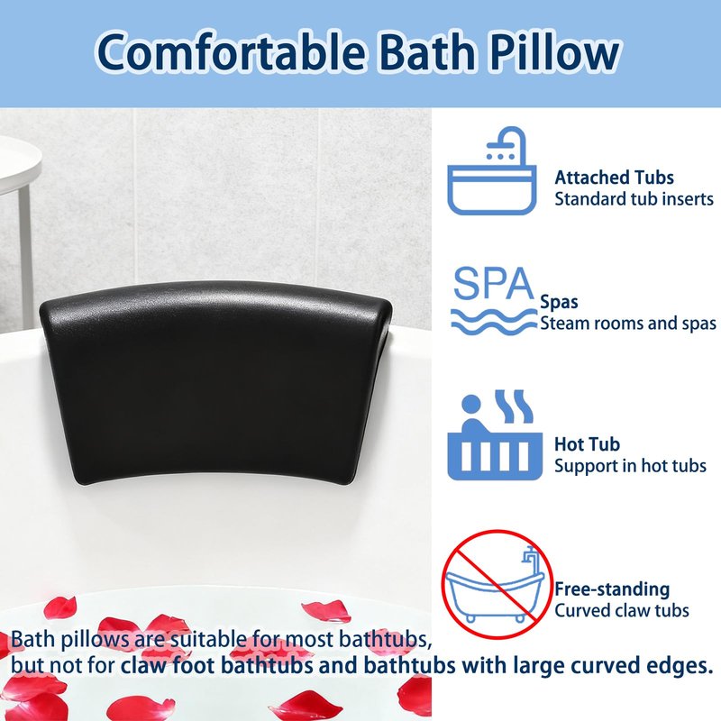 Guluto Bath Pillow, Bath Pillows for Tub with Head, Neck and Shoulder Support, Ergonomic Waterproof Bathtub Pillow with Strong Non-Slip Suction Cups, Relaxing Spa, Hot Tubs, Bathroom Essentials Black
