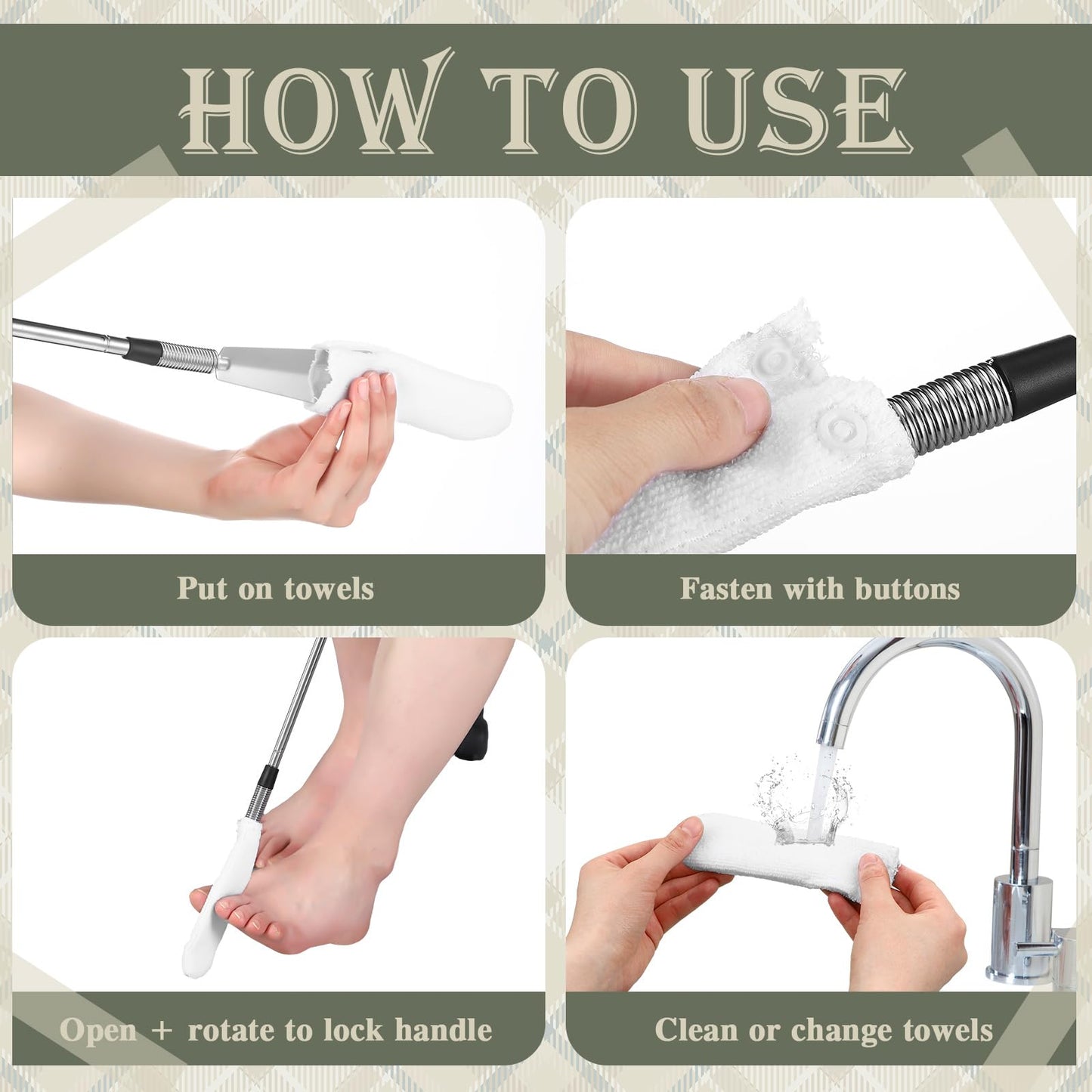 Velmitten Toe Cleaning Brush Lotion Applicator for Feet with 6 Reusable Drying Covers Foot Cleaner with Telescopic Stainless Steel 16-30 Inch Handle Toe Scrubber for Seniors Elderly Disabled Men Women