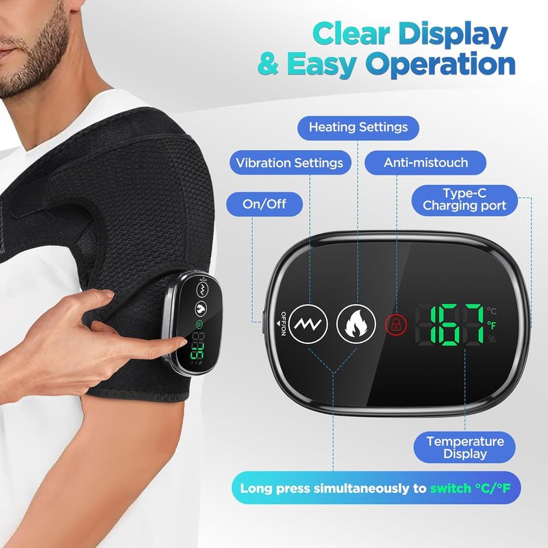 Cordless Portable Shoulder Heating Pad - Vibration Massager for Pain Relief | Adjustable Black Wrap for Rotator Cuff Support