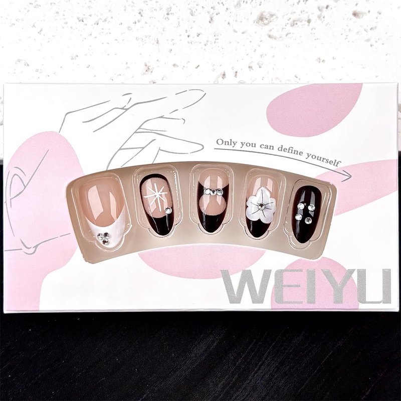 30Pcs Flower Press on Nails Medium Almond Shape Black White French Tip Fake Nails with Rhinestones Designs Glossy Reusable False Nails Acrylic Full Cover Stick on Nails for Women Manicure Tips Set