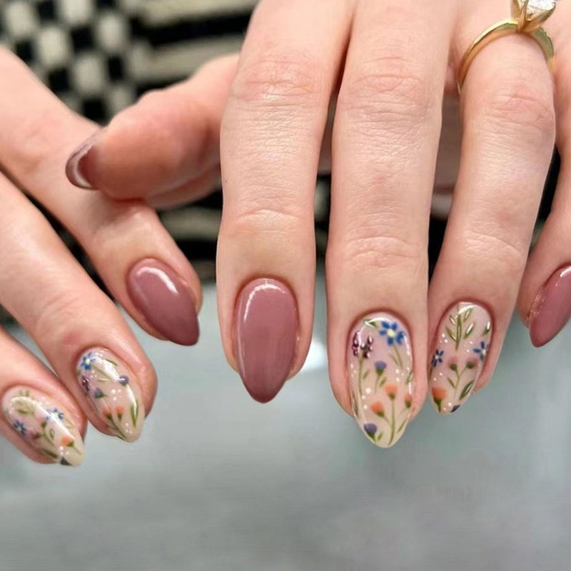Short Press On Almond Fake Nails - Flower Acrylic Fall Nails Press Ons Full Cover Glue On Cute False Floral Stick On Nails for Women - 30 Pcs