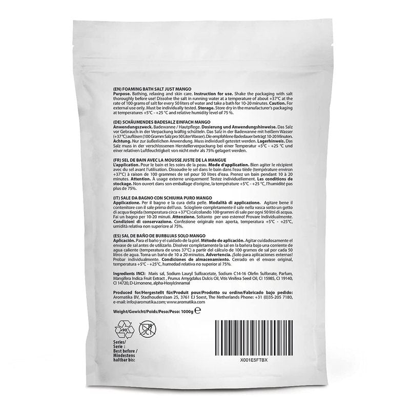Foaming Bath Sea Salt Mango 35 Oz (1000g) - Bubble Bath Salts with Almond & Grape Seed Essential Oil & Mango Fruit Extract for Bath Soak - Relaxing Bath - Relaxation - Aromatherapy Bath Salts