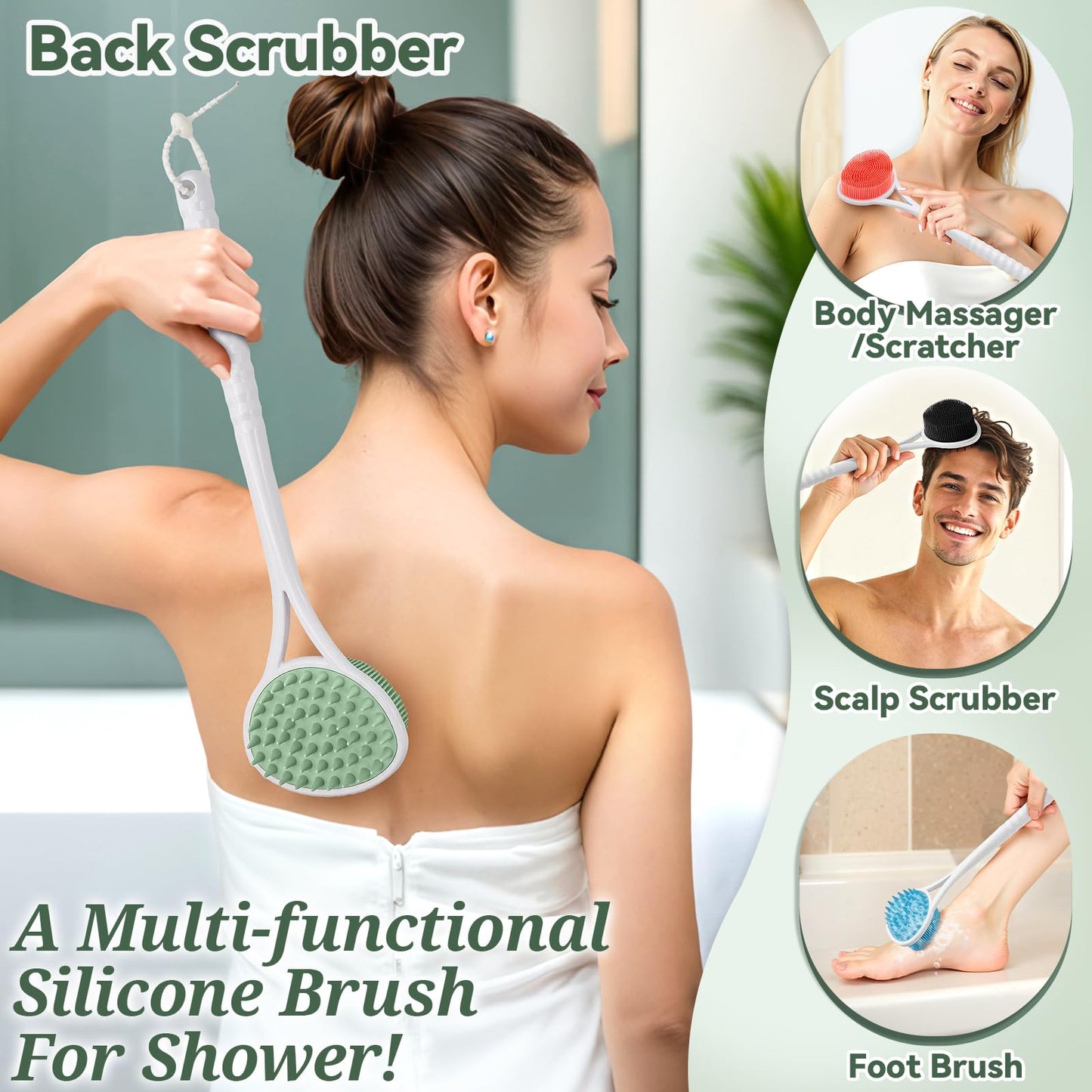 GEENOA Back Scrubber for Shower, 15.35’’ Soft Silicone Back Scrubber with Dual-Side Brush Head, Long Handle Back Brush Shower Brush with Lathering Soft Bristles and Scrubbing Thick Bristles(Green)
