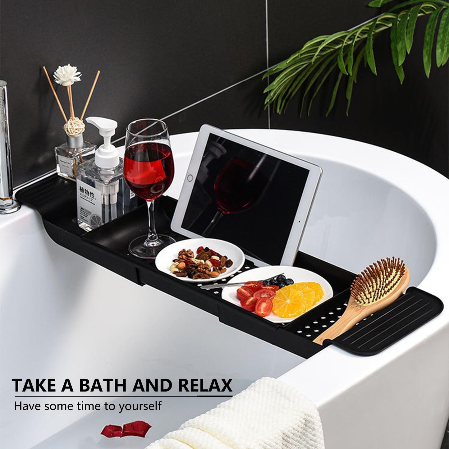 Bath Tub Tray - Stretchable, Strong Load-Bearing, Plastic, Anti-Slip Design - Ultimate Bathtub Caddy Tray(Black)