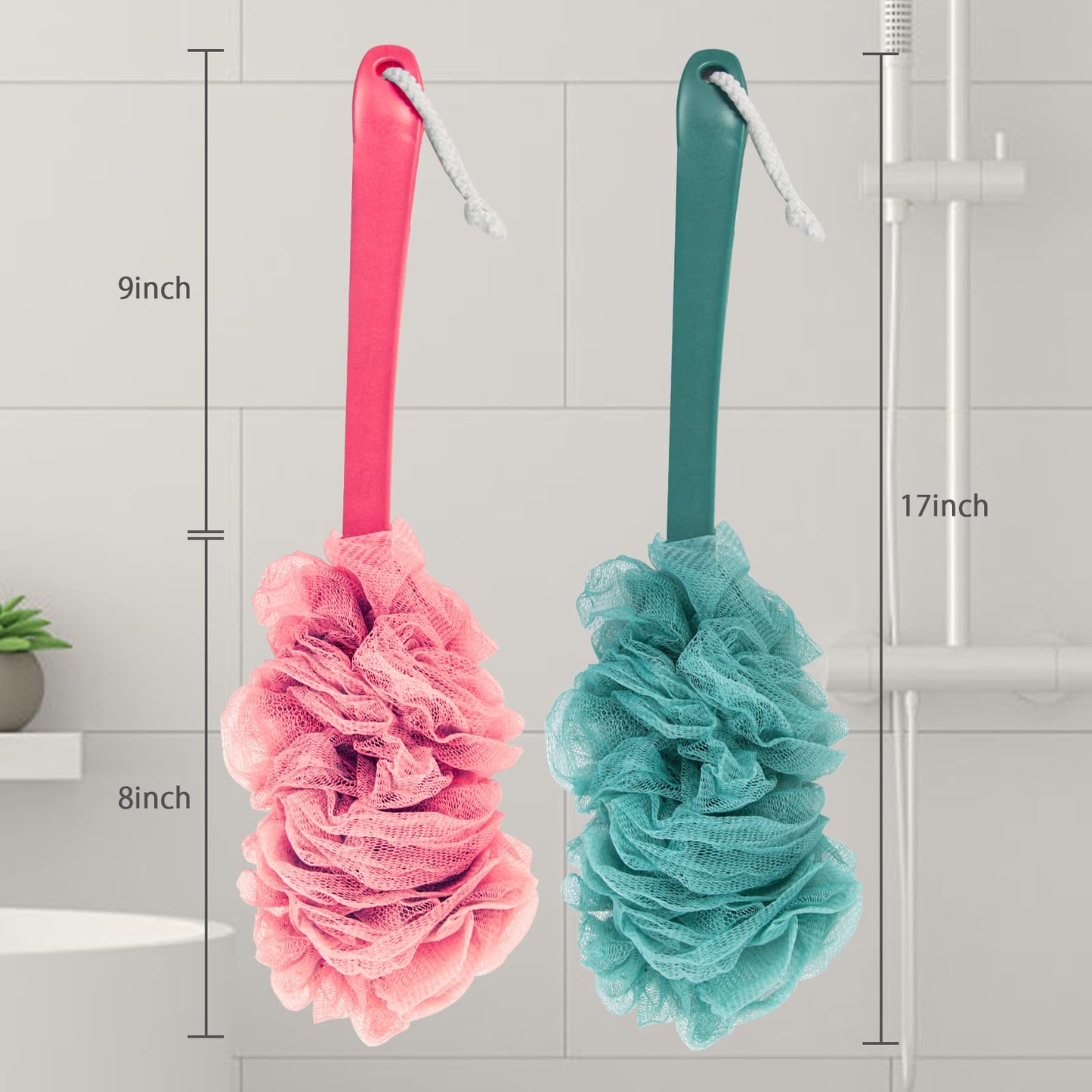 Evmliy Back Scrubber for Shower, Loofah Sponge Brush Exfoliating Body, Long Handle Scrub Brush for Shower with Loofah on a Stick for Back Use, Bathing Accessories Body Brushes (2Pack)