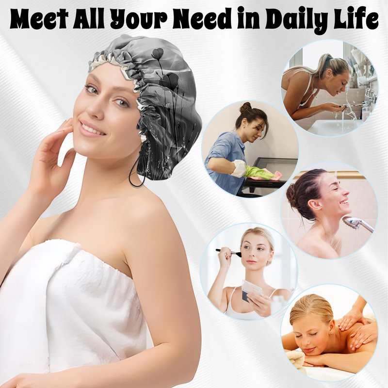 BHAHB Luxury Shower Cap Satin Lined Reusable Waterproof Double Layer Elastic Adjustable Hair Bath Cap Cute Aesthetic Women Girls-Black Flower