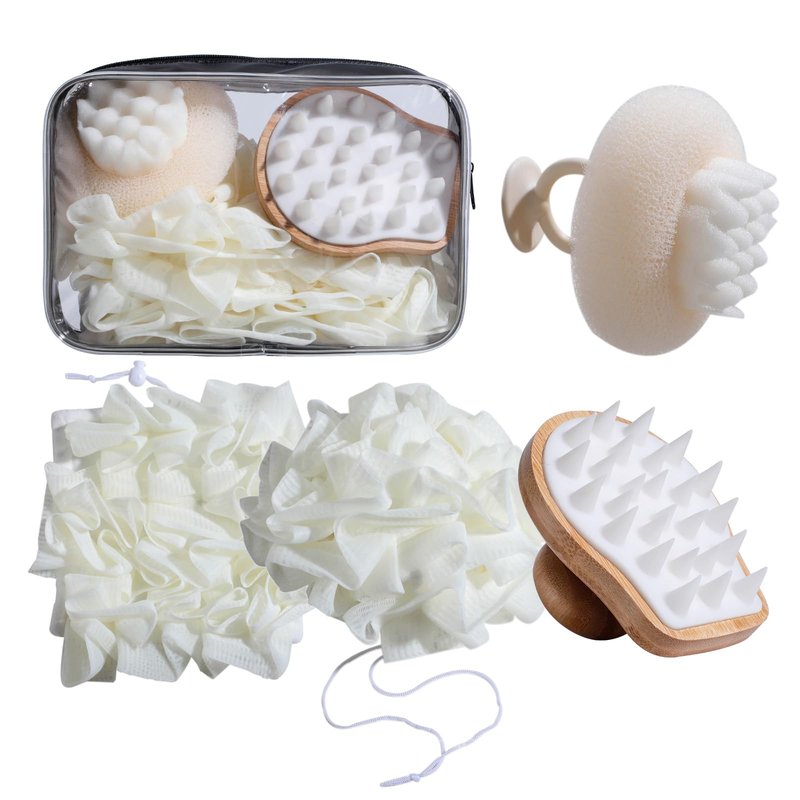 NVTED Bath Tools Set, 5 PCS Loofah Washcloth Combo 2-in-1, Suction Cup Bath Ball，Silicone Body Bath Brush with Waterproof Cosmetic Bag, for Body Wash and Smooth Skin