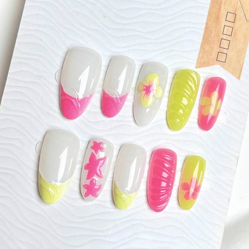 Almond Flower Press-On Nails - 24 Pcs Pink Yellow French Tips with Water Ripple & Starfish Design | Acrylic Set