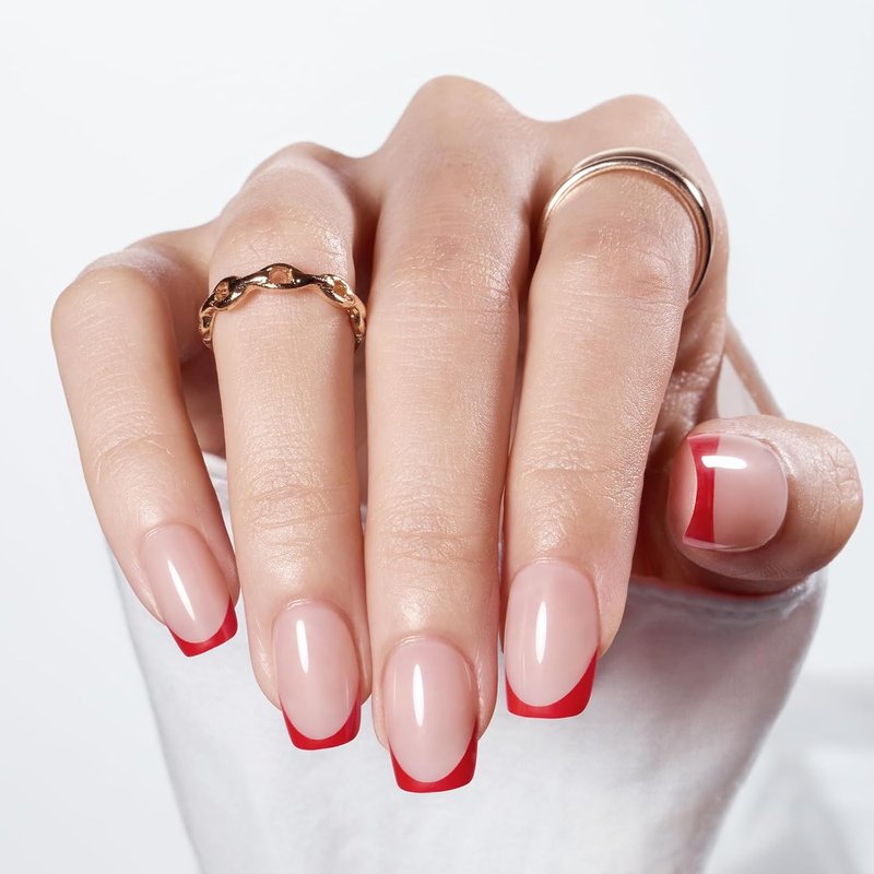 Modelones French Tip Press-On Nails - Short Light Pink Square Fake Nails | Reusable 32 Pcs Kit with Glue & Mini File