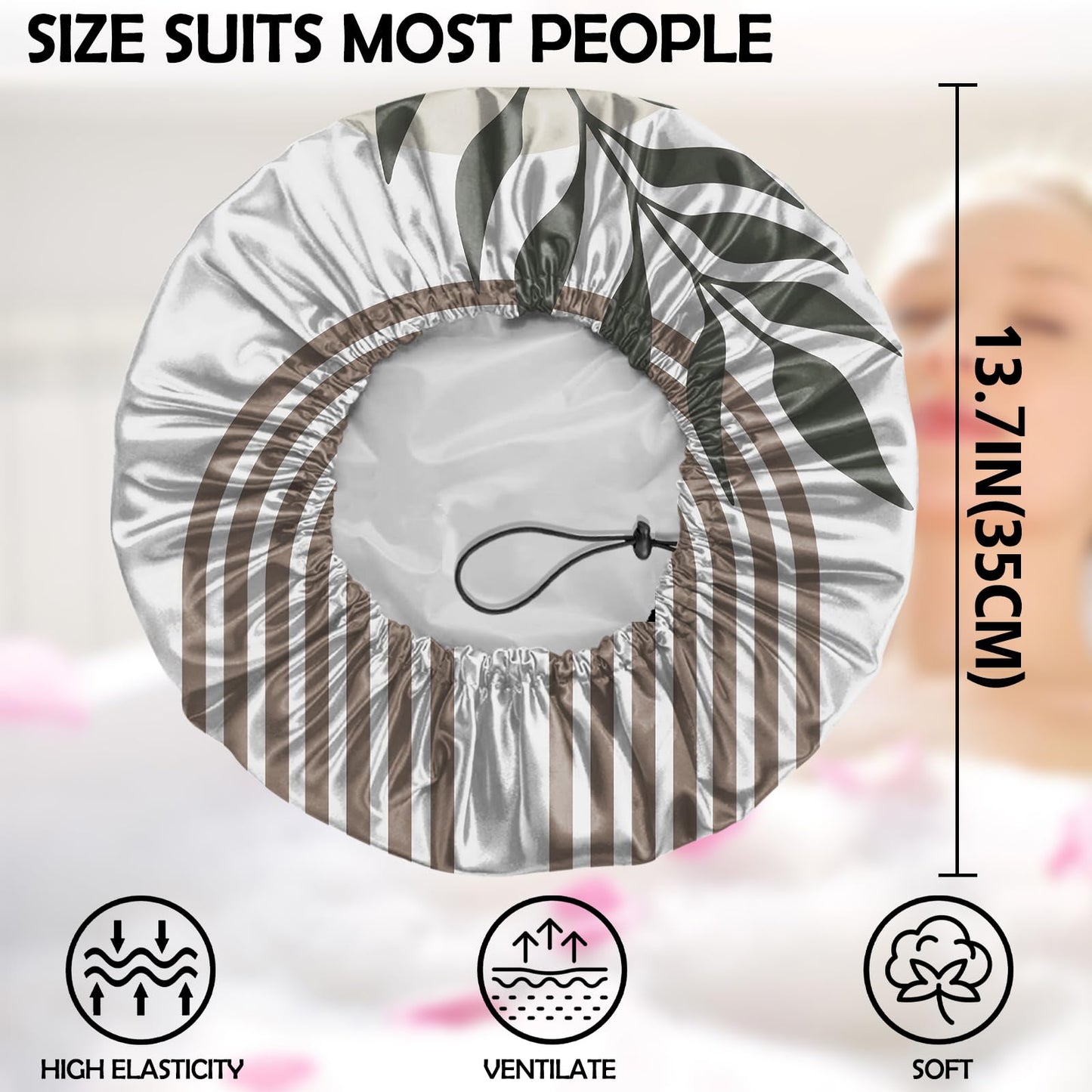 Zewurtuw 2 PCS Shower Cap Adjustable Reusable Double Waterproof Layer Elastic Hair Bath Cap Cute Aesthetic for Women Girls-Leaf