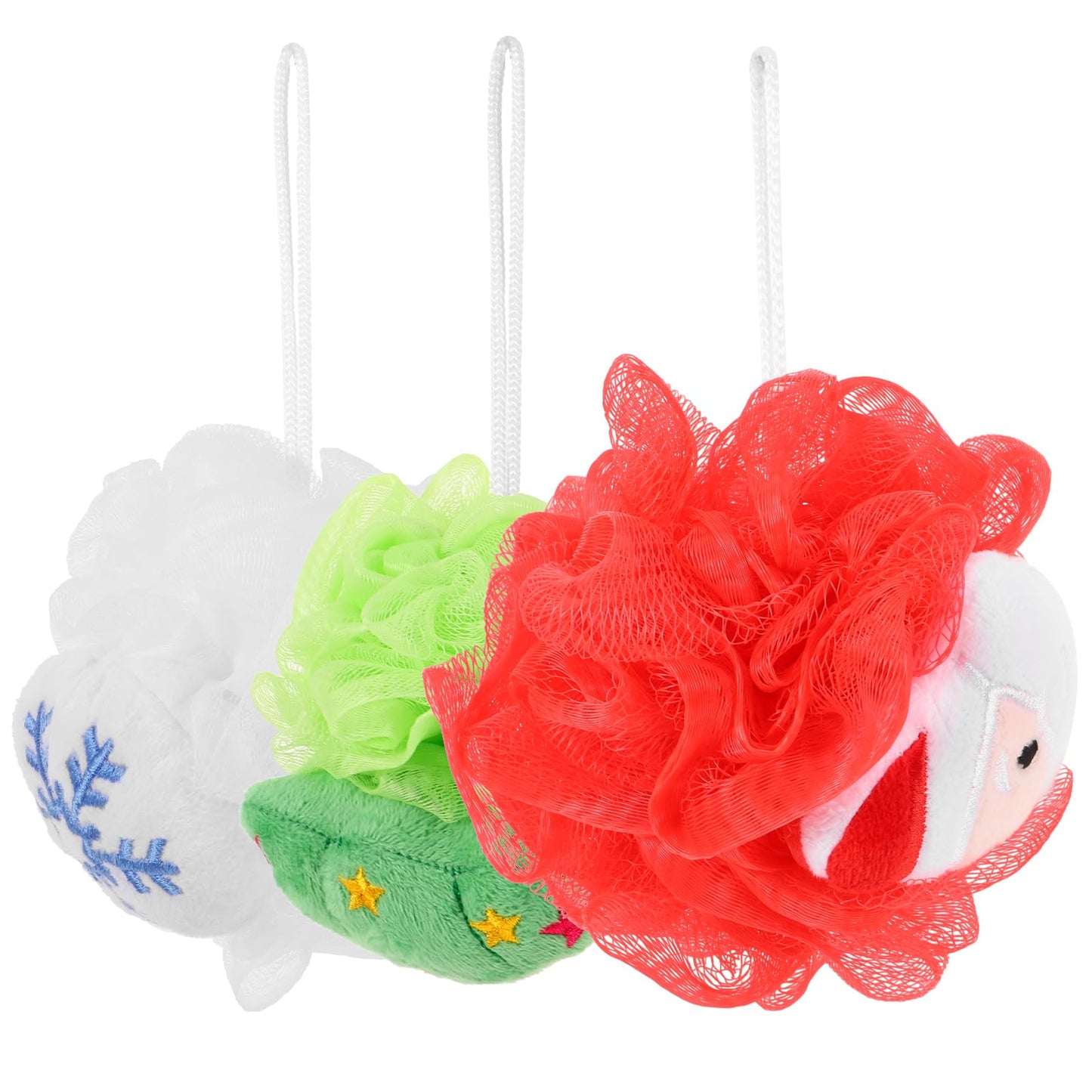 SOLUSTRE Christmas Loofah Sponge Body Scrubber 3Pcs Christmas Bath Character Loofahs Santa Christmas Tree Snowflake Loofah Bath Pouf Mesh Skin Cleaning Scrubber for Adults Christmas