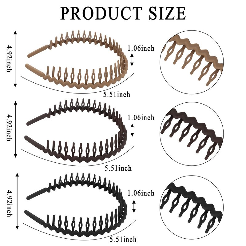 GAFATORY 3 PCS Zig Zag Headbands Wavy Headband with Teeth Plastic Comb Hairband Non Slip Thin Elastic Head Bands Fashion Hair Accessories for Women Men