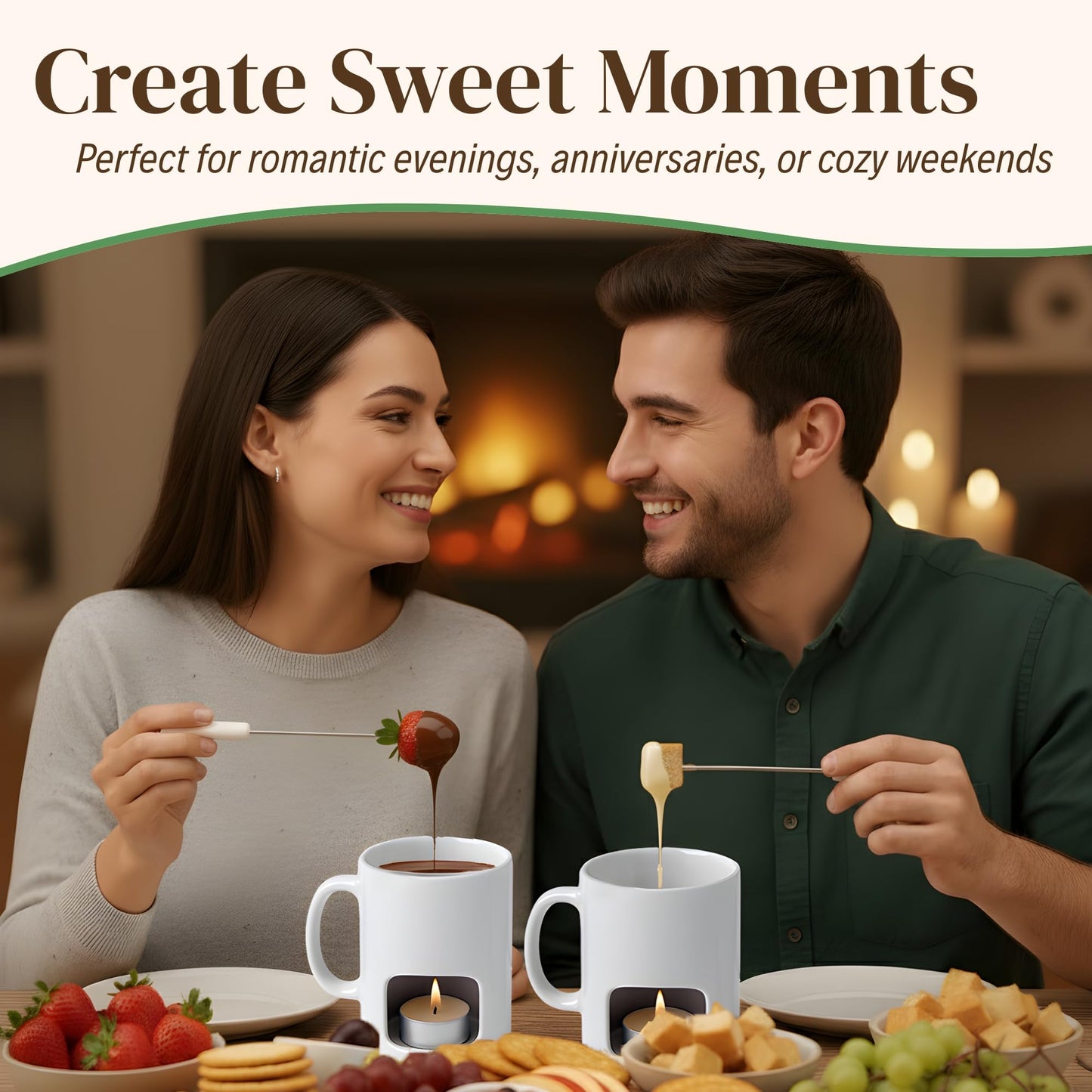 Evelots Mini Fondue Pot Set - 2 Pack Ceramic Fondue Mugs for Chocolate, Cheese and Candy with 4 Forks and 8 Candles - Mothers Day Gifts for Mom, Romantic Date Night Gift - White